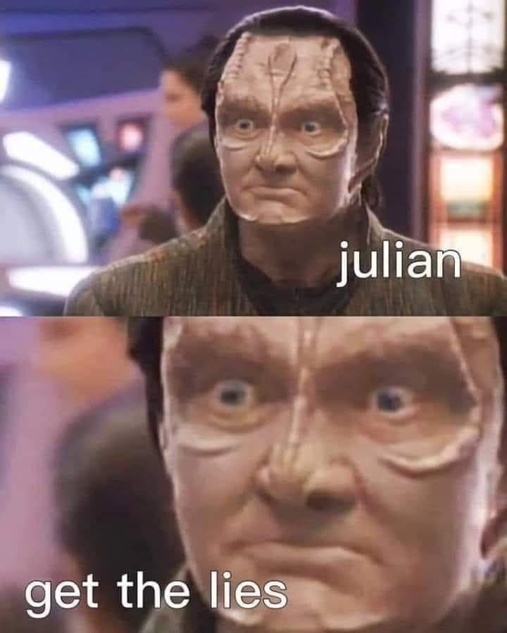 This meme is a humorous take on the popular "I know what you did last summer" trope. It features a photo of a character from the TV show "Star Trek: Deep Space Nine" with a shocked expression, with the text "I know what you did last summer" above it. However, the meme is actually a play on words, with the character's name "Julian" being replaced with "Julian" spelled backwards, "Nulij", and the phrase "I know what you did last summer" being replaced with "I know what you did last summer" spelled backwards, "romus deruoy htaw si" becoming "Julian said 'I know what you did last summer'...".